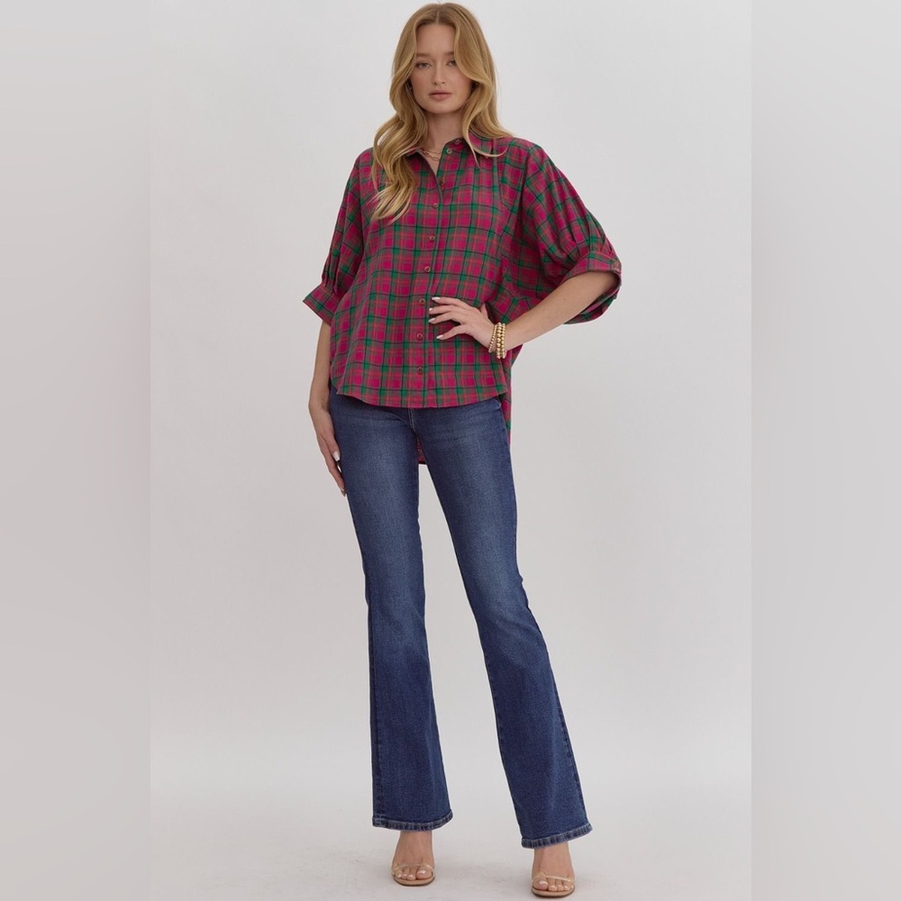 Entro Plaid 100% Cotton Button Down Size Large